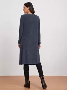 SHEIN LUNE Marled Knit Open-Front Longline Coat - Navy Blue - View 2