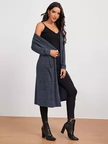 SHEIN LUNE Marled Knit Open-Front Longline Coat - Navy Blue - View 3