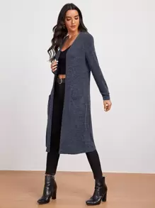 SHEIN LUNE Marled Knit Open-Front Longline Coat - Navy Blue - View 4