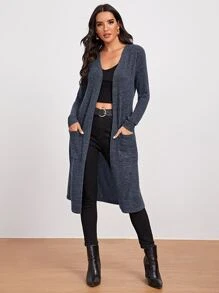 SHEIN LUNE Marled Knit Open-Front Longline Coat - Navy Blue - View 5