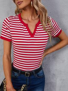 SHEIN LUNE 條紋圖案缺口領T恤 - 紅色 - 查看 1