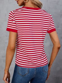 SHEIN LUNE 條紋圖案缺口領T恤 - 紅色 - 查看 2