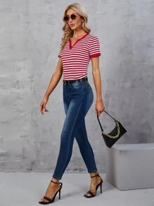 SHEIN LUNE 條紋圖案缺口領T恤 - 紅色 - 查看 3