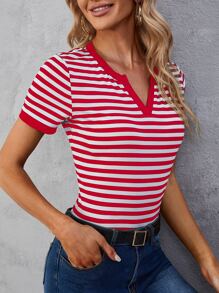 SHEIN LUNE 條紋圖案缺口領T恤 - 紅色 - 查看 4