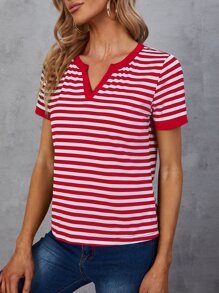 SHEIN LUNE 條紋圖案缺口領T恤 - 紅色 - 查看 5