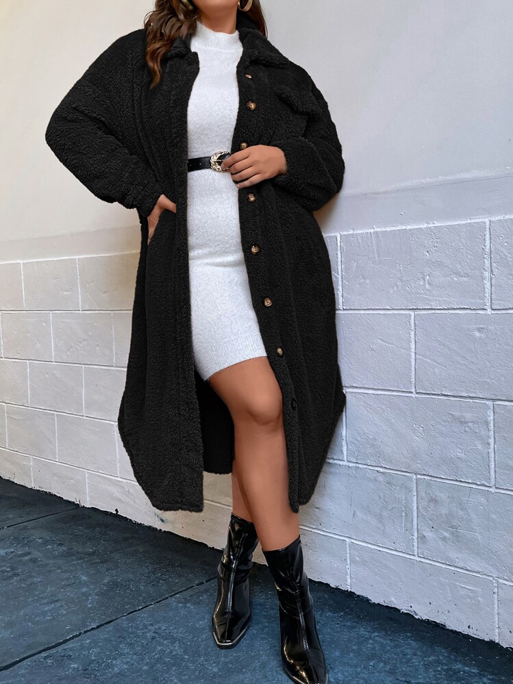 SHEIN LUNE Plus Size Plaid Front Button Long Sleeve Side Slit Long Coat, Casual Wear With Pockets Winter Women Coat Long Coat - Black - View 3
