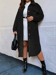 SHEIN LUNE Abrigo teddy de hombros caídos con diseño de solapa - Negro - Ver 4