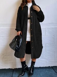 SHEIN LUNE Abrigo teddy de hombros caídos con diseño de solapa - Negro - Ver 5