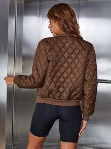 Eilly Bazar Zip Up Quilted Bomber Jacket - Coffee Brown - View 2