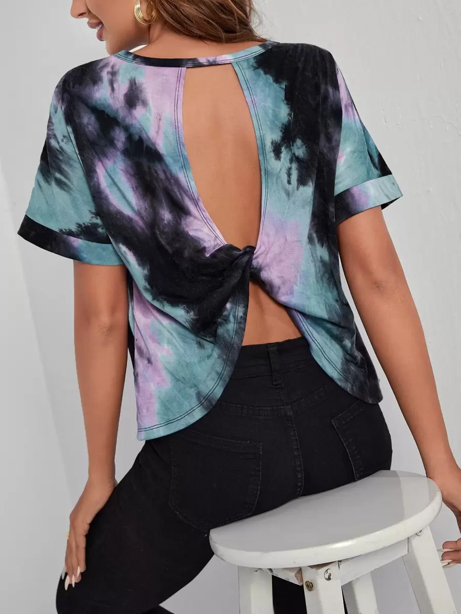 SHEIN EZwear Twist Back Tie Dye Tee - Multicolor - View 1