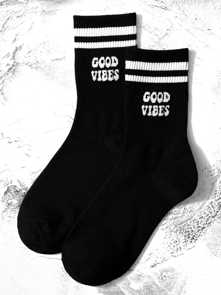 1pair Women's Letter & Double Stripes Mid-Calf Socks, Suitable For Casual And Versatile Use, Fall Socks - Black and White - View 1