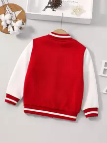 SHEIN Young Boy's Color Block Fleece Button Jacket With Letter Design Chic Outfits For Autumn/Winter - Red - View 2