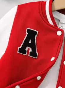 SHEIN Young Boy's Color Block Fleece Button Jacket With Letter Design Chic Outfits For Autumn/Winter - Red - View 5