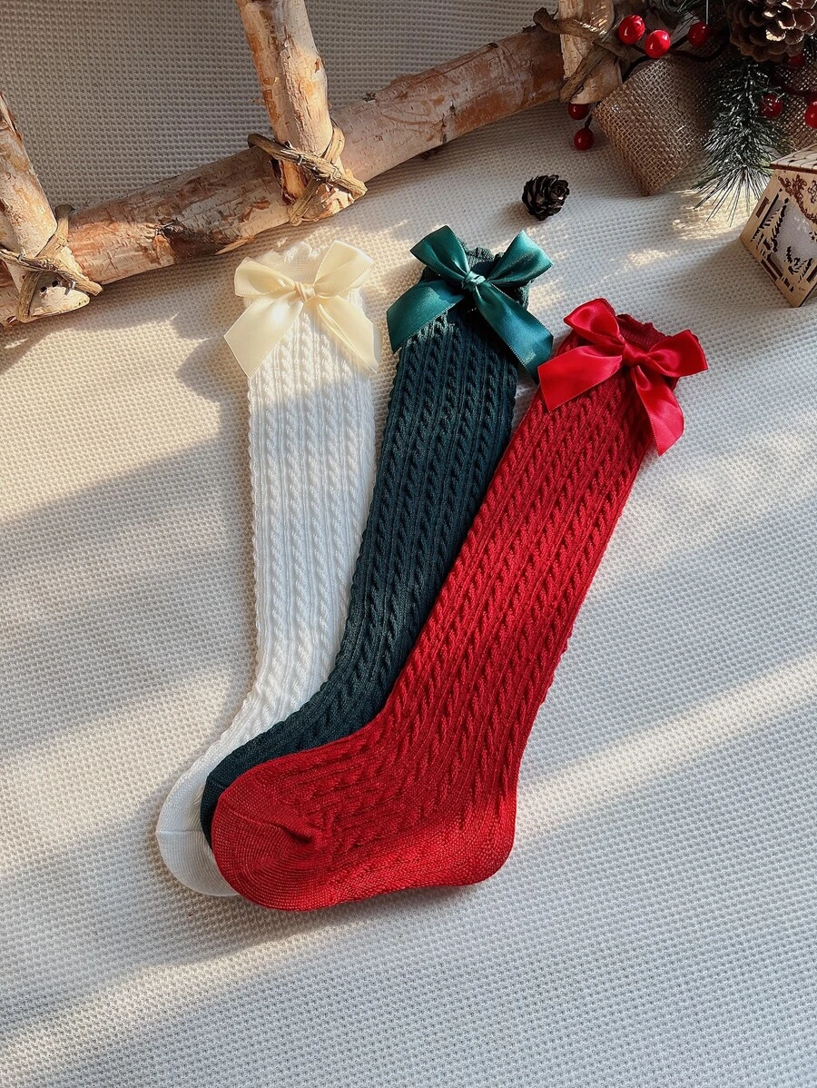 3pairs Girls Bow Decor Over the Calf Socks - Multicolor - View 1