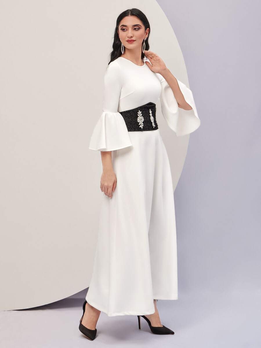 Modelyn Flounce Sleeve Dress With Corset - White - View 1