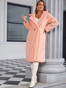Eilly Bazar Single Button Slant Pocket Teddy Coat - Coral Pink - View 3