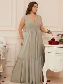 Plus Ruched Ruffle Hem Chiffon Bridesmaid Dress - Khaki - View 5