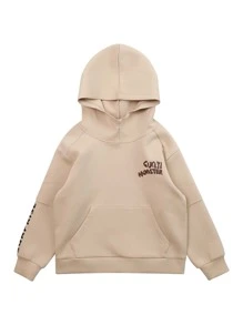 青少年男孩标语和卡通图案袋鼠口袋卫衣 - 杏色 - 查看 4