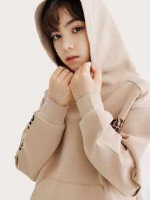 青少年男孩标语和卡通图案袋鼠口袋卫衣 - 杏色 - 查看 6