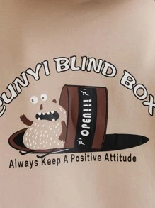 青少年男孩标语和卡通图案袋鼠口袋卫衣 - 杏色 - 查看 7