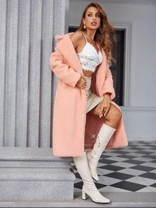 Eilly Bazar Single Button Slant Pocket Teddy Coat - Coral Pink - View 4