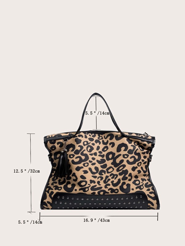 Leopard Studded Decor Shoulder Tote Bag Stylish Leopard Print Tote Bag Large Capacity Shoulder