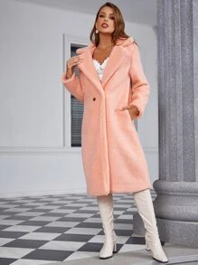 Eilly Bazar Single Button Slant Pocket Teddy Coat - Coral Pink - View 5