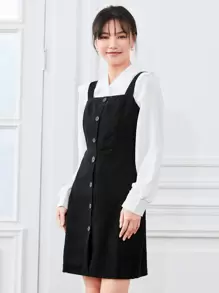 SHEIN LUNE 單排扣燈芯絨吊帶洋裝 - 黑色 - 查看 1