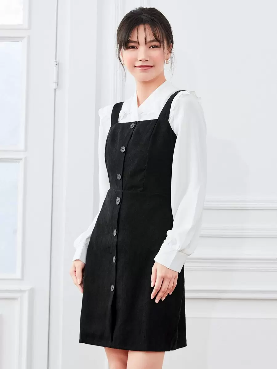 SHEIN LUNE 單排扣燈芯絨吊帶洋裝 - 黑色 - 查看 1