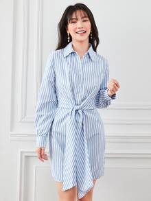 Striped Tie Front Shirt Dress - Blue and White - View 1