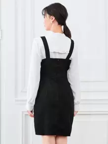 SHEIN LUNE 單排扣燈芯絨吊帶洋裝 - 黑色 - 查看 2