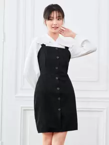 SHEIN LUNE 單排扣燈芯絨吊帶洋裝 - 黑色 - 查看 3