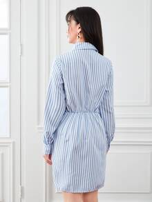 Striped Tie Front Shirt Dress - Blue and White - View 2