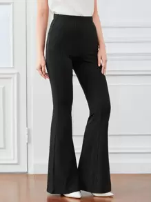 SHEIN EZwear 素色羅紋針織喇叭褲 - 黑色 - 查看 1