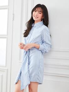 Striped Tie Front Shirt Dress - Blue and White - View 3