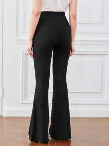SHEIN EZwear 素色羅紋針織喇叭褲 - 黑色 - 查看 2