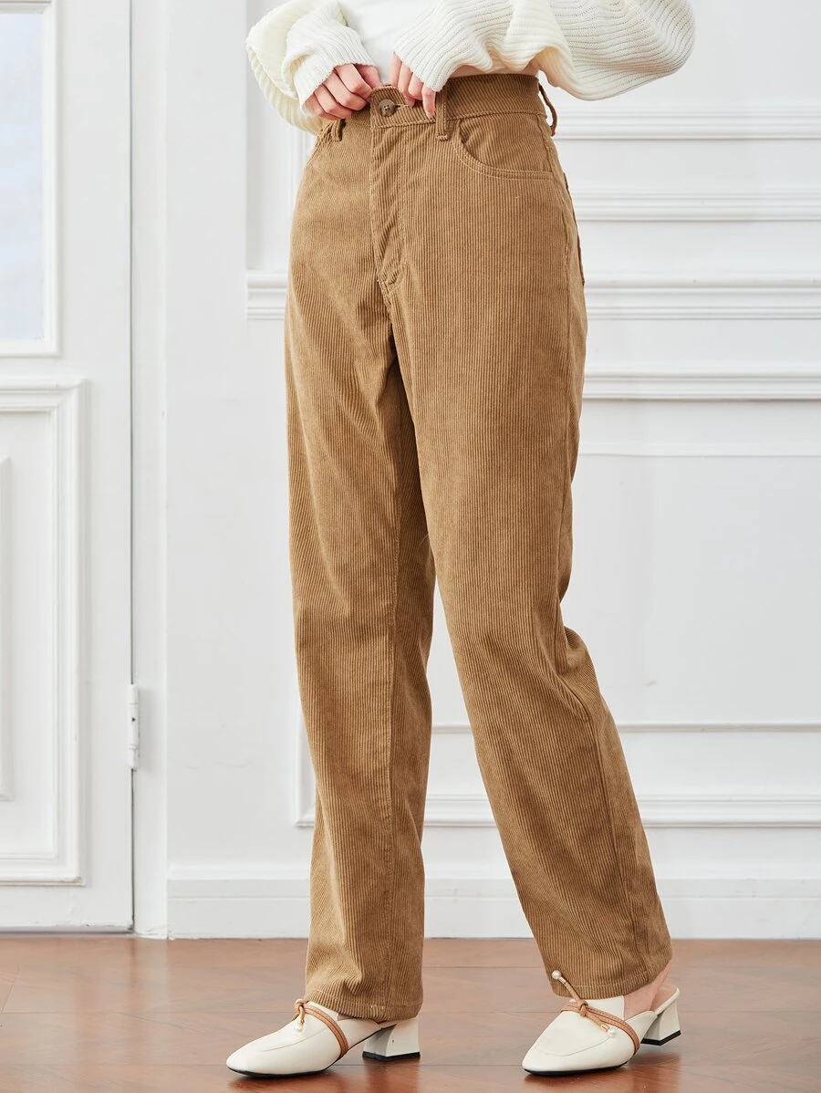 SHEIN LUNE High Waist Corduroy Straight Leg Pants Fall Cloth For Women - Camel - View 1