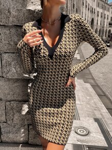 Knit Mix Geo Pattern Jumper Dress - Black and White - View 4