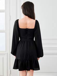 SHEIN Frenchy Ruched Lantern Sleeve Ruffle Hem Dress - Black - View 2