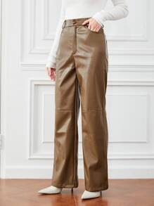 BizChic 拉鏈門襟寬版PU皮革長褲工作服 - 摩卡棕 - 查看 1