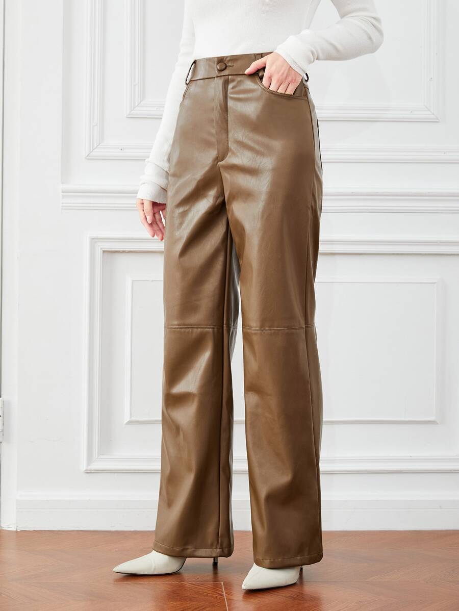 BizChic 拉鏈門襟寬版PU皮革長褲工作服 - 摩卡棕 - 查看 1