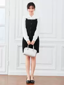 SHEIN LUNE 單排扣燈芯絨吊帶洋裝 - 黑色 - 查看 5