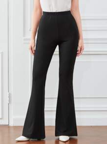 SHEIN EZwear 素色羅紋針織喇叭褲 - 黑色 - 查看 3