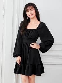 SHEIN Frenchy Ruched Lantern Sleeve Ruffle Hem Dress - Black - View 3