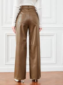 BizChic 拉鏈門襟寬版PU皮革長褲工作服 - 摩卡棕 - 查看 2