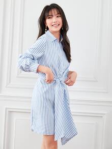 Striped Tie Front Shirt Dress - Blue and White - View 5