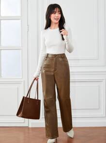 BizChic 拉鏈門襟寬版PU皮革長褲工作服 - 摩卡棕 - 查看 3