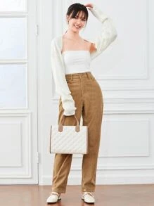 SHEIN LUNE High Waist Corduroy Straight Leg Pants Fall Cloth For Women - Camel - View 3