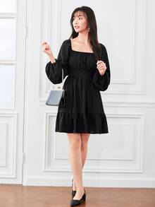 SHEIN Frenchy Ruched Lantern Sleeve Ruffle Hem Dress - Black - View 5