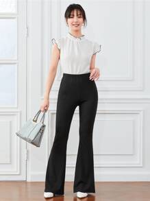 SHEIN EZwear 素色羅紋針織喇叭褲 - 黑色 - 查看 4